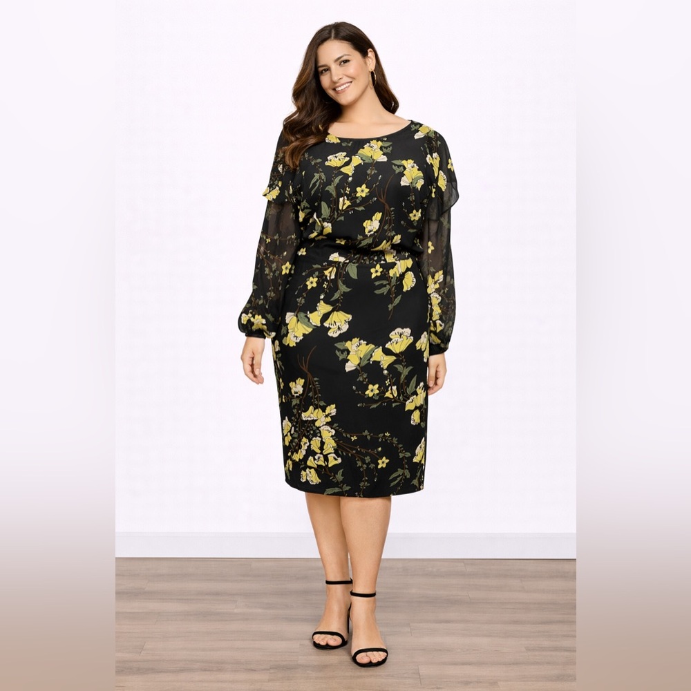 Who What Wear Black Midi Dress with Yellow Floral Print